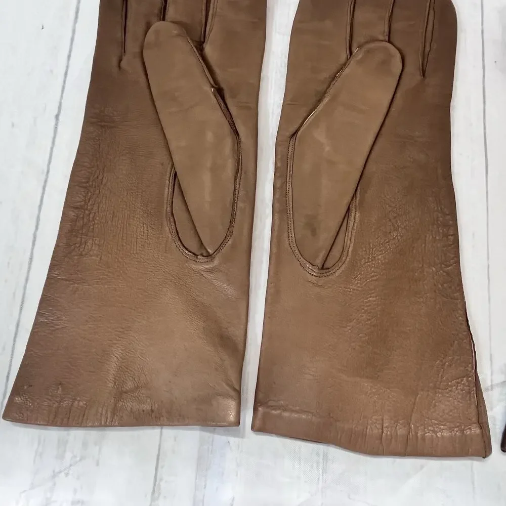 Set of 2 Women's Brown Italian Leather Vintage Gloves size 7.5 Driving Dinner